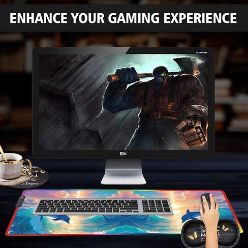 RGB Large Gaming LED Light Edge Mouse Pad + Wrist Rest + Coaster, Non-Slip Extended Waterproof Desk Mat with Stitched Edges 31.5"x11.8" for Work and Gaming, Dolphins in The Moonlight in Kuwait