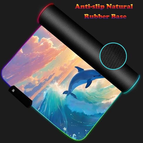 RGB Large Gaming LED Light Edge Mouse Pad + Wrist Rest + Coaster, Non-Slip Extended Waterproof Desk Mat with Stitched Edges 31.5"x11.8" for Work and Gaming, Dolphins in The Moonlight in Kuwait