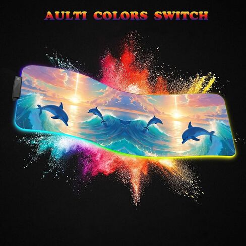 RGB Large Gaming LED Light Edge Mouse Pad + Wrist Rest + Coaster, Non-Slip Extended Waterproof Desk Mat with Stitched Edges 31.5"x11.8" for Work and Gaming, Dolphins in The Moonlight in Kuwait