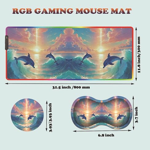RGB Large Gaming LED Light Edge Mouse Pad + Wrist Rest + Coaster, Non-Slip Extended Waterproof Desk Mat with Stitched Edges 31.5"x11.8" for Work and Gaming, Dolphins in The Moonlight in Kuwait