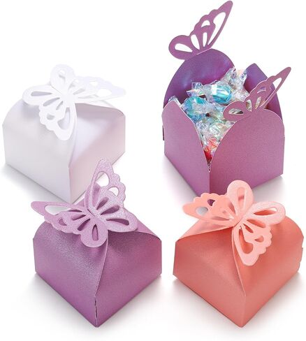 Goaste 150 قطعة من صناديق الفراشة المفضلة، صناديق حلوى استحمام الطفل، صناديق هدايا ورقية صغيرة مزخرفة لعيد الميلاد، حفلة عيد الميلاد، الزفاف، عيد الشكر، عيد الحب، 2.4 × 2.4 × 2.6 بوصة in Kuwait