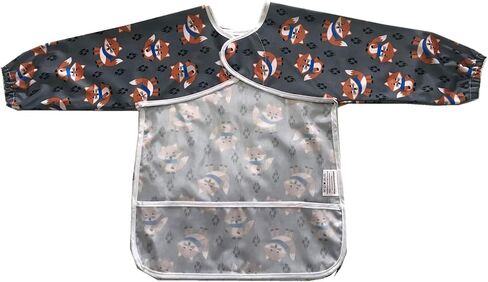 قميص للأطفال من MUMBABY بأكمام مريلة مع جيب للأطفال بعمر 1-3 سنوات، مقاوم للماء وقابل للغسل (ثعالب لطيفة) رمادي in Kuwait