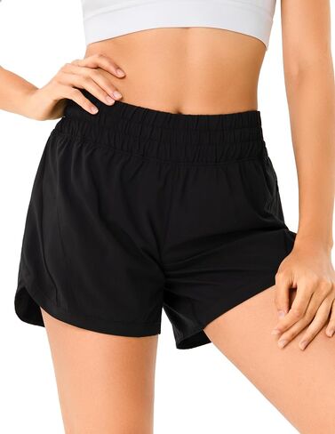 YUNOGA Women's Mid Rise Running Shorts with Mesh Liner 5" Quick Dry Athletic Gym Track Workout Shorts Zip Pocket in Saudi Arabia