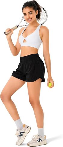 YUNOGA Women's Mid Rise Running Shorts with Mesh Liner 5" Quick Dry Athletic Gym Track Workout Shorts Zip Pocket in Saudi Arabia