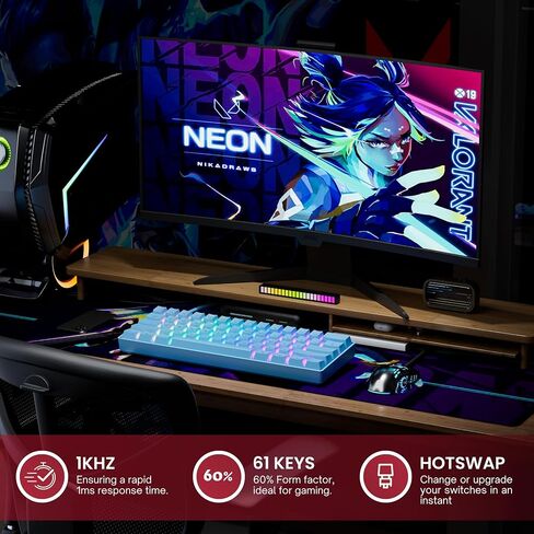 لوحة مفاتيح الألعاب الميكانيكية GK61 - 61 مفتاحًا متعدد الألوان RGB بإضاءة خلفية LED سلكية قابلة للبرمجة لأجهزة الكمبيوتر/Mac Gamer (Gateron Optical Red، أسود) in Kuwait