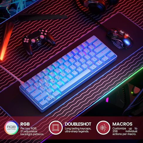 لوحة مفاتيح الألعاب الميكانيكية GK61 - 61 مفتاحًا متعدد الألوان RGB بإضاءة خلفية LED سلكية قابلة للبرمجة لأجهزة الكمبيوتر/Mac Gamer (Gateron Optical Red، أسود) in Kuwait