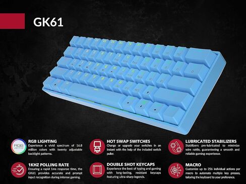 لوحة مفاتيح الألعاب الميكانيكية GK61 - 61 مفتاحًا متعدد الألوان RGB بإضاءة خلفية LED سلكية قابلة للبرمجة لأجهزة الكمبيوتر/Mac Gamer (Gateron Optical Red، أسود) in Kuwait