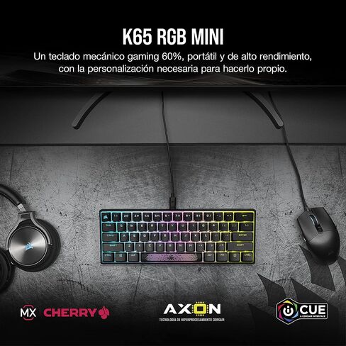 لوحة مفاتيح الألعاب الميكانيكية Corsair K65 RGB MINI بنسبة 60% (إضاءة خلفية RGB قابلة للتخصيص لكل مفتاح، مفاتيح ميكانيكية CHERRY MX Speed، كابل USB من النوع C قابل للفصل، تقنية AXON Hyper-Processing) أسود in Kuwait