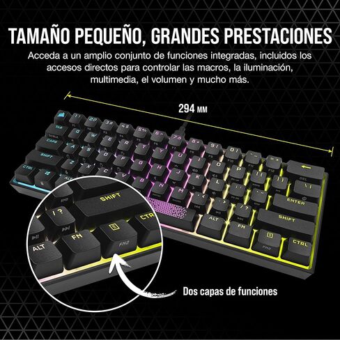 لوحة مفاتيح الألعاب الميكانيكية Corsair K65 RGB MINI بنسبة 60% (إضاءة خلفية RGB قابلة للتخصيص لكل مفتاح، مفاتيح ميكانيكية CHERRY MX Speed، كابل USB من النوع C قابل للفصل، تقنية AXON Hyper-Processing) أسود in Kuwait