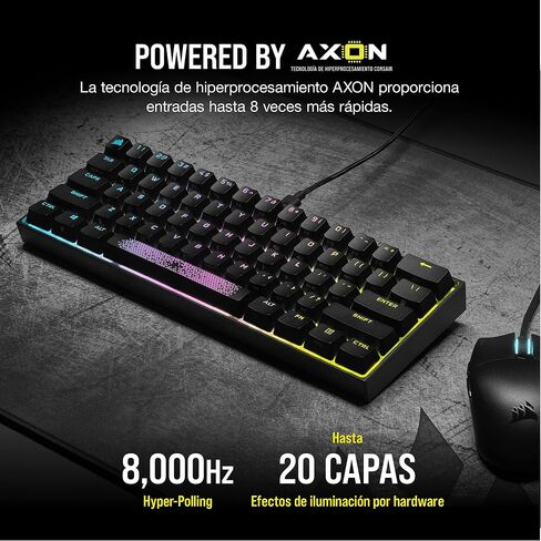 لوحة مفاتيح الألعاب الميكانيكية Corsair K65 RGB MINI بنسبة 60% (إضاءة خلفية RGB قابلة للتخصيص لكل مفتاح، مفاتيح ميكانيكية CHERRY MX Speed، كابل USB من النوع C قابل للفصل، تقنية AXON Hyper-Processing) أسود in Kuwait