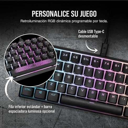 لوحة مفاتيح الألعاب الميكانيكية Corsair K65 RGB MINI بنسبة 60% (إضاءة خلفية RGB قابلة للتخصيص لكل مفتاح، مفاتيح ميكانيكية CHERRY MX Speed، كابل USB من النوع C قابل للفصل، تقنية AXON Hyper-Processing) أسود in Kuwait
