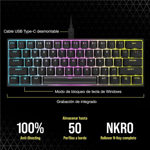 لوحة مفاتيح الألعاب الميكانيكية Corsair K65 RGB MINI بنسبة 60% (إضاءة خلفية RGB قابلة للتخصيص لكل مفتاح، مفاتيح ميكانيكية CHERRY MX Speed، كابل USB من النوع C قابل للفصل، تقنية AXON Hyper-Processing) أسود in Kuwait