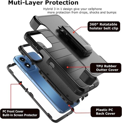 حافظة Takfox Moto G Play 4G 2024، لهاتف Motorola G Play 2024 4G حافظة هاتف بمشبك حزام [واقي شاشة مدمج] مسند واقٍ متين وشديد التحمل مقاوم للصدمات وغطاء مقاوم للغبار - أسود/أسود in Kuwait