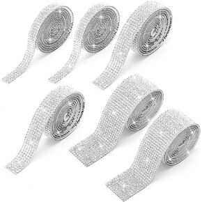 6 Rolls Rhinestone Ribbon Self Adhesive Rhinestone Strips Diamond Bling Crystal Rhinestone Ribbon Sticker Bling Wrap Roll DIY for Crafts Decoration Car DIY Wedding Party (Silver)