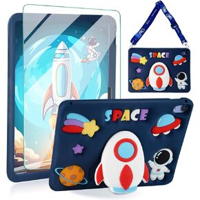 for iPad 10th Generation Case 10.9 inch 2022 with Screen Protector, Kickstand, Shoulder Strap Cute Rocket Silicone Protective Cover for Kids Girls for iPad 10th Gen 2022, Blue