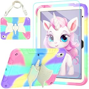 for iPad 10th Generation Case 10.9 Inch 2022 with Tempered Glass Screen Protector,Unicorn Stand & Pencil Holder Shoulder Strap,Shockproof for iPad Case 10th Gen Kids Girls (Colourful)