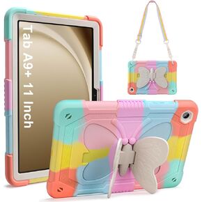VOFUOE for Samsung Galaxy Tab A9 Plus Case for Kids Girls for Galaxy Tab A9+ Cases with Shoulder Straps Butterfly Wings Stand Hard Shockproof Protective Cover for Galaxy Tab A9 Plus 11 Inch 2023-Pink