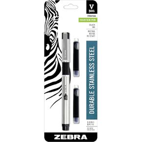 Zebra Pen V-301 Fountain Pen, Stainless Steel Barrel, Fine Point, 0.7mm, Black Ink, 1-Pack with Refill