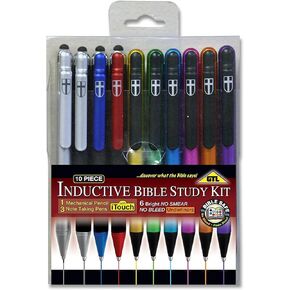 G.T. Luscombe Company, Inc. 10 Piece Inductive Bible Study Pen/Pencil Set | No Smearing or Fading | Cross Imprint | No Bleed Pigmented Ink Black, Blue, Red, Yellow, Green, Pink, Orange, Violet-2 Sets