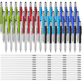 Chinco 48 Pieces 6 in 1 Ballpoint Pen Present Pen for Men Multi Function Screwdriver Pen Tools Touch Screen Pen Multi Tool Pen with Ruler Level Gauge and 48 Pieces Black Ink Refills