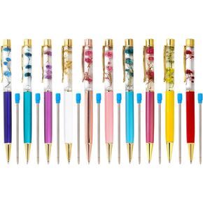 10Pcs Liquid Floral Pens Rose Metal Ball Pen With 10pcs Extra Refills Blue Ink Colorful Ballpoint Pens Refillable Ball Pen Office Supplies for School Office Home Christmas New Years Pens