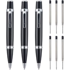 Wikult 3PCS Mini Ballpoint Pens with Extra Refills Set, 1mm Medium Point Black Ink, Smooth Writing Metal Pen for Business Office Teacher Student Wedding Guest Gift (Silver Trim)