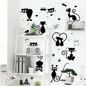 Cute Black Kittens Wall Stickers, sacinora Cat Paw Print Star Cloud DIY Wall Decals Removable Vinyl Peel and Stick for Bedroom Nursery Study Room Playroom Furniture Step Art Home Decorations