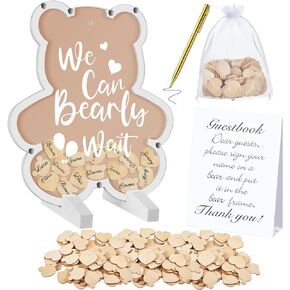 Kosiz We Can Bearly Wait Acrylic Baby Shower Guest Book Alternatives Decorations with Wooden Hearts for 60 Guests Baby Shower Sign Picture Frame Pregnancy Keepsake Edition for Soon to Be Mom (Clear)