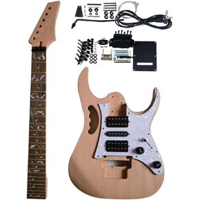 Unfinished DIY Electric Guitar Kit Set Electric Guitar Kits in IBZ Style - Mahogany Body and Neck - Rosewood Fingerboard and All Components Included (QH-7V01)