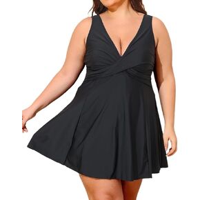 Smismivo Plus Size Swim Dress One Piece Swimsuit Tummy Control Bathing Suit Retro Twist Front V Neck Swimdress