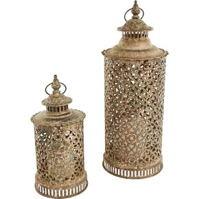 Deco 79 Metal Distressed Vintage Inspired Ornate Scroll Candle Lantern, Set of 2 14", 12" H, Brown