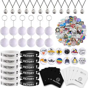 110 PCS Volleyball Party Favors - Key Chain Necklace Silicone Wristbands Stickers Goodie Bags Button Badges For Club Party Favors Classroom Rewards Volleyball Theme Party Supplies