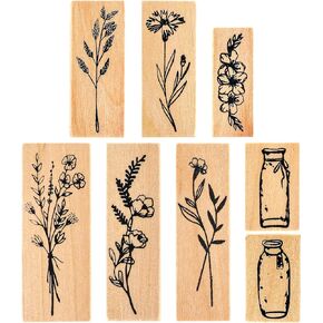 8 Pcs Vintage Wooden Rubber Stamps for Crafting Plant Stamps Flower Stamps Floral Stamps Decorative Stamps Set for Card Making Scrapbooking Letters Diary
