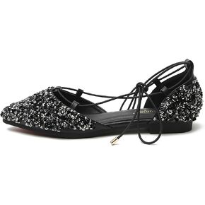 Women's Sparkly Rhinestone Lace-up Ballet Flats,Pointed Toe Glisten Slip-on Flat D'Orsay Shoes for Women Dressy Comfort Strappy Shoes