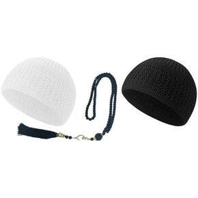 Namaz Cotton Topi, Knit Kufi Hat Skull Caps for Men Women Muslim Breathable Ramadan Beanie, Tasbih 100 Prayer Beads in Kuwait