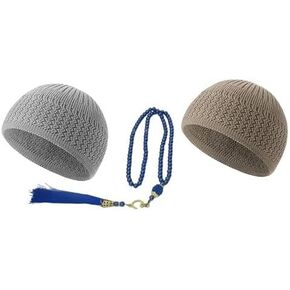 Namaz Cotton Topi, Knit Kufi Hat Skull Caps for Men Women Muslim Breathable Ramadan Beanie, Tasbih 100 Prayer Beads