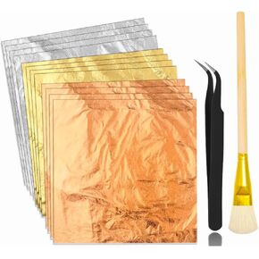 Gold Leaf Sheets for Art, 3 Colors 150 Sheets Gold Foil Sheets for DIY Crafts Decor,Painting, Resin, Nails, Gilding Craft, Bronzing, Furniture- Gold, Silver, Rose Gold Foil Sheets With Tweezer & Brush