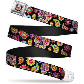 Buckle-Down Seatbelt Belt - Bobo Sugar Skull/Paisley Black/Multi Color - 1.0" Wide - 20-36 Inches in Length