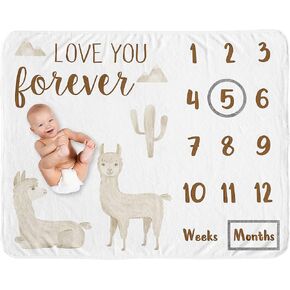 Sweet Jojo Designs Boho Llama Boy Girl Milestone Blanket Monthly Newborn Growth Mat Baby Shower Keepsake - Gender Neutral Beige Taupe Tan Bohemian Southwest Aztec Watercolor Mountain Cactus Farmhouse
