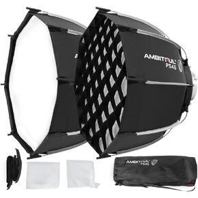 AMBITFUL 17.7"/45cm Parabolic Softbox, Bowens Mount Softbox, Quick Release with Grid for Godox SL60W SL60IID SL150III MS300 SK400II SK400IIV DP400III DP600III and Bowens Mount Light (1pcs)