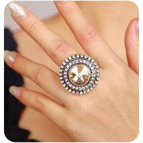 Xerling Vintage Silver Womens Ring Big Cubic Crystal Statement Finger Ring Bling Rhinestone Cocktail Ring for Party Prom Teens Ring Aesthetic