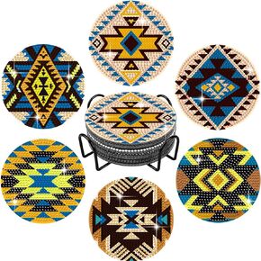 6 Pcs Diamond Painting Coasters with Holder, AZTEC Diamond Art Coasters DIY Coaster Diamond Art Kits for Beginners, Adults & Kids Small Diamond Painting Kits Accessories