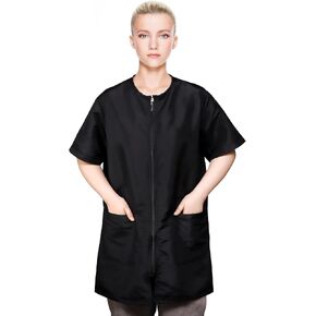 Waterproof Pet Grooming Workwear, Short Sleeves Dog Grooming Smock, Hairdresser Uniform with Full Zipper & Pockets, Anti-Static Professional Stylist Jacket for Barber Salon Pet Shop