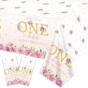 2 Pack Floral 1st Birthday Tablecloths, Floral Miss Onederful Party Table Cover, 51x87'' Plastic Disposable Flower One Year Old Birthday Table Covers for Girls First Birthday Party Decorations