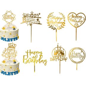 FOIMAS 8PCS Gold Birthday Cake Topper,Acrylic Round Happy Birthday Cake Toppers for Kids Adult Birthday Party Decoration Supply