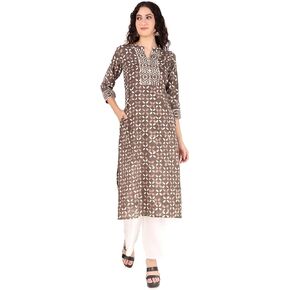 ladyline Womens 100% Cotton Casual Tunic Top Ethnic Printed Flat Collar Neck Pocket 3/4 Sleeves Kurti Kurta