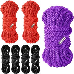Silk Soft Rope, Skin Friendly Soft Nylon Rope Silky Rope, Durable Multipurpose Color Braided Long Rope (4x8ft Black+2x16ft red+32ft Purple)