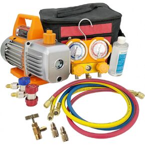 Z 110V 1/4HP 2 CFM AC Vacuum Pump Kit and AC Gauge Set, Single Stage Rotary Vane Air Vacuum Pump HVAC Gauges, with Three-Color Hose Carry Bag, Applicable to R134a R1234yf R12 R22 R410a
