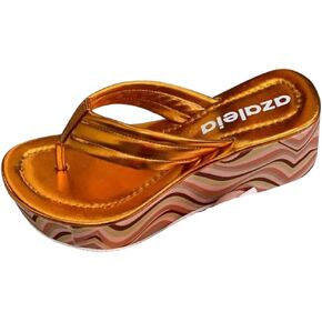 Women's Wedge Flip Flop Sandals,Comfortable Slip-On Sandals, Fashion Rainbow Bottom Wedge Casual Sandals, Outdoor Non-Slip Beach Slippers