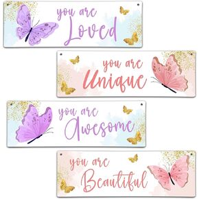4 Pieces Boho Rainbow Girls Room Decor, 11.8" x 3.9" Boho Butterflies Wall Decor Wooden Sign, Motivational Wall Art For Kids Room Nursery Playroom Classroomd-A04